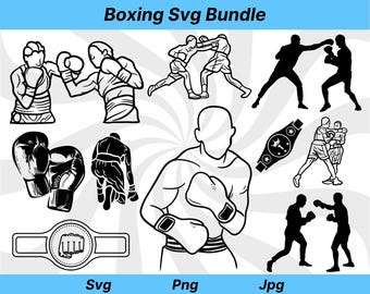 Op de afbeelding: Een zwart-witte digitale illustratiebundel met boxing-thema in SVG-bestanden. De bundel bevat afbeeldingen van boksers, bokshandschoenen en een kampioensgordel. De tekst "Boxing Svg Bundle" staat bovenaan de afbeelding.