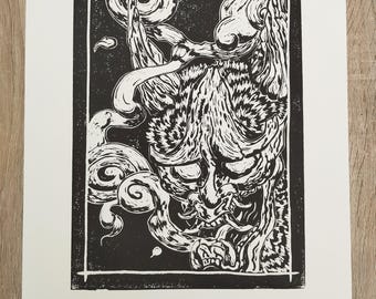 Linograbado original, Oni 鬼 - Estampa japonesa - Lámina artística A3