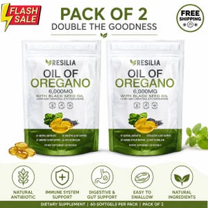 May include: Two white pouches of Resilia Oil of Oregano dietary supplement, each with 6,000mg. The packaging includes text and graphics highlighting natural ingredients, immune support, and digestive benefits. The image also includes a 'Flash Sale' and 'Free Shipping' banner.