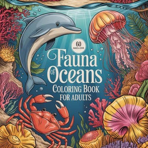 May include: A colorful illustration of an ocean-themed coloring book cover. The cover features a dolphin, jellyfish, and crab, with the title "Fauna of Oceans Coloring Book for Adults". The image includes coral and other sea life.