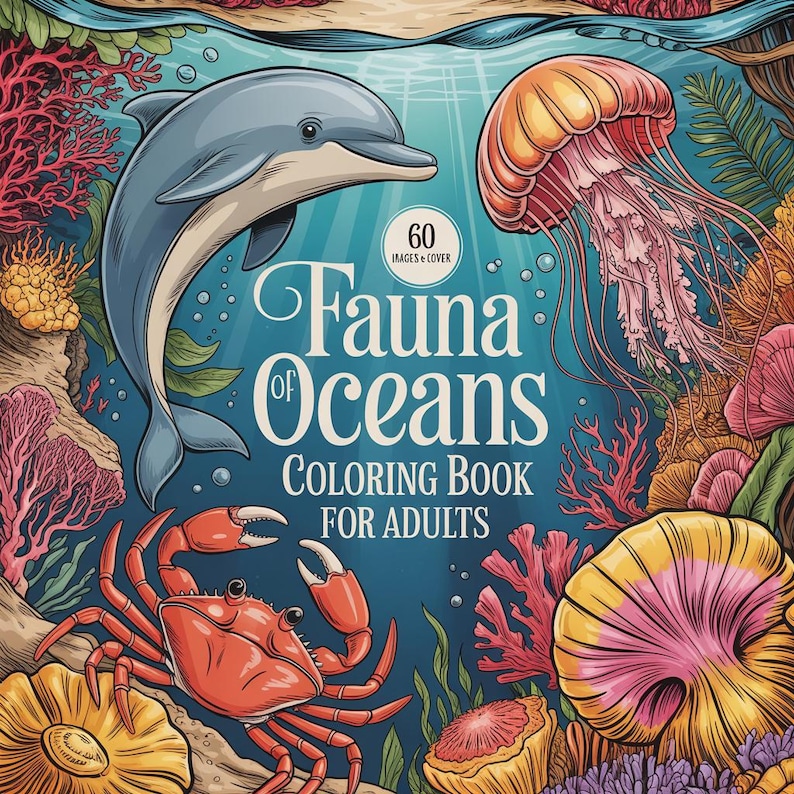 May include: A colorful illustration of an ocean-themed coloring book cover. The cover features a dolphin, jellyfish, and crab, with the title "Fauna of Oceans Coloring Book for Adults". The image includes coral and other sea life.