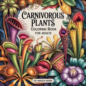 May include: A colorful coloring book titled "Carnivorous Plants Coloring Book for Adults" featuring illustrations of various carnivorous plants. The cover art showcases vibrant depictions of Venus flytraps, pitcher plants, and other exotic flora. The book contains 60 images.
