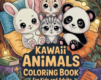 May include: A coloring book titled "KAWAII ANIMALS COLORING BOOK" featuring illustrations of a white bunny, a panda, and two kittens. The cover art includes the text "For Kids and Adults" and "30 illustrations + Cover". The animals are sitting on pillows.