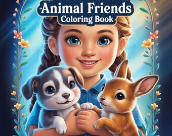 Cute Girls and Animal Friends Coloring Book – 30 Grayscale Illustrations (PDF/PNG)