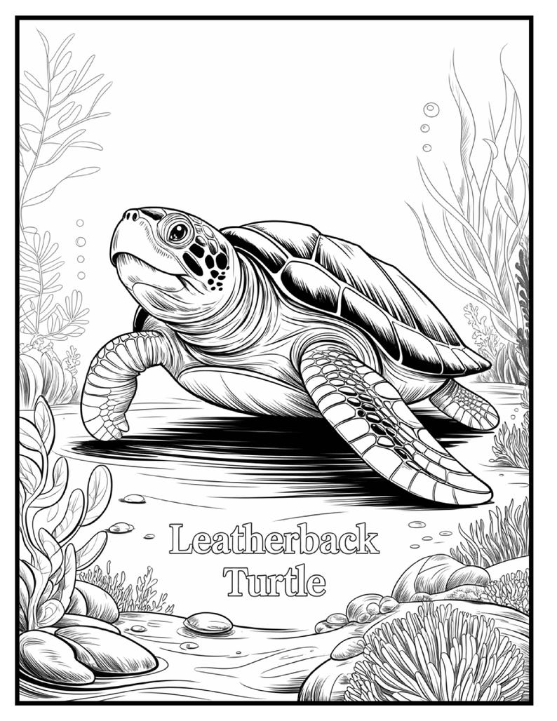 May include: Black and white illustration of a Leatherback Turtle in its natural habitat. The turtle is the focal point, surrounded by aquatic plants, rocks, and bubbles. The text "Leatherback Turtle" is displayed below the turtle.