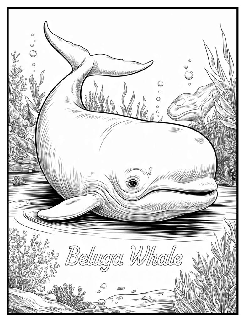 May include: Black and white illustration of a beluga whale in its aquatic environment. The whale is depicted with detailed shading, surrounded by seaweed and bubbles. The text "Beluga Whale" is written below the whale.