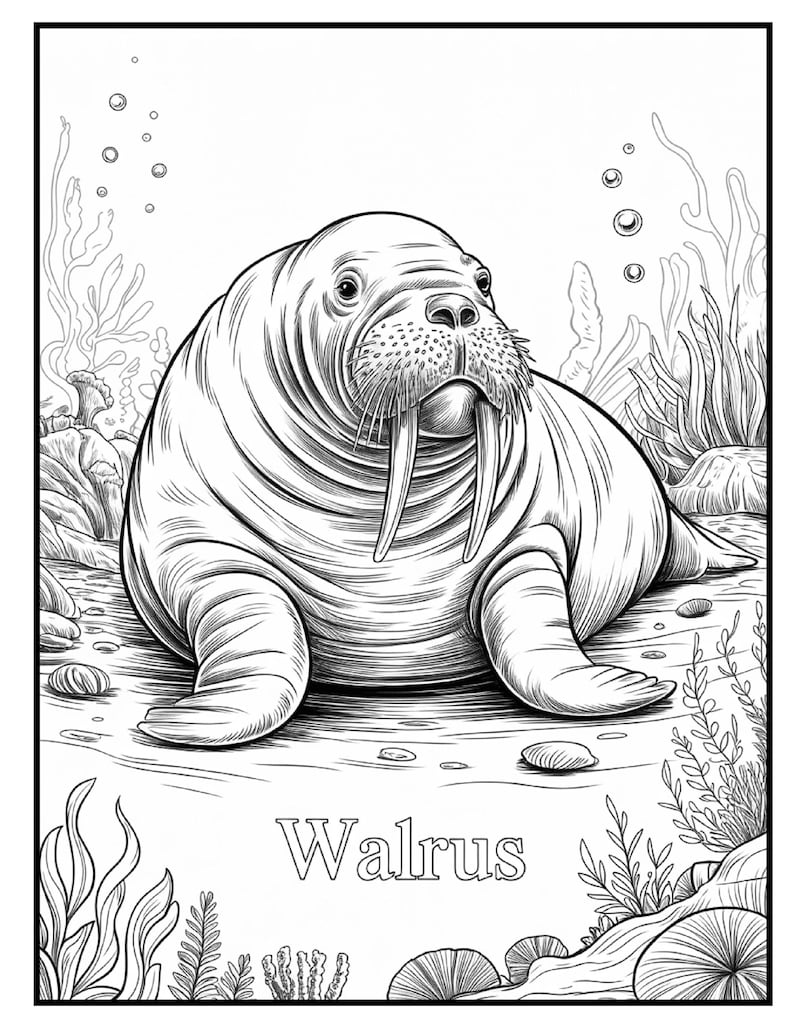 May include: Black and white illustration of a walrus with large tusks, whiskers, and a textured body. The word "Walrus" is printed below the animal. The walrus is surrounded by seaweed and bubbles.
