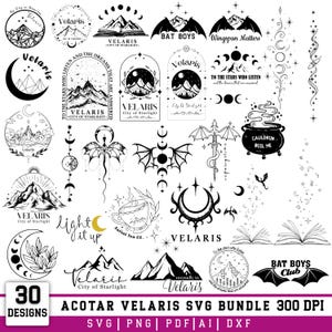 Puede incluir: Una colección de 30 diseños gráficos digitales en blanco y negro con montañas, lunas, estrellas, dragones, espadas y libros. El texto incluye Velaris, City of Starlight, To the Stars Who Listen, Bat Boys y Suriel Tea Co. en varias fuentes.