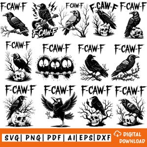 Puede incluir: Una colección de ilustraciones de cuervos en blanco y negro con el texto "F-CAW-F". Las imágenes presentan cuervos posados en ramas, calaveras y tocando la guitarra. La parte inferior de la imagen incluye iconos de tipo de archivo y las palabras "DESCARGA DIGITAL".