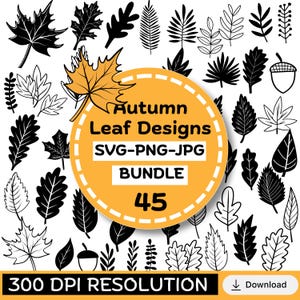 May include: A collection of 45 autumn leaf designs in black and white, with a single orange and yellow leaf. The designs are in SVG, PNG, and JPG formats. The image includes the text "Autumn Leaf Designs Bundle" and "300 DPI Resolution."