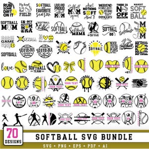 May include: A collection of 70 digital graphic designs featuring softball themes, including yellow softballs, bats, players, hearts, bows, and various typography phrases like 'Softball Mom' and 'Softball Life' in black and yellow ink.