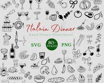 Bundel Italiaans dinerpictogram: handgetekende bruiloftsclipart (svg en png) bewerkbaar op canva
