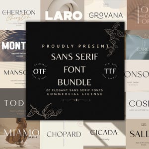 Könnte beinhalten: Ein schwarzes quadratisches Grafikdesign, das ein Sans Serif Font Bundle mit 20 eleganten Schriftarten und einer kommerziellen Lizenz bewirbt. Der Text enthält die Dateiformate "OTF" und "TTF". Verschiedene Schriftbeispiele umgeben die Grafik.