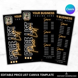 Könnte beinhalten: Schwarze und goldene Preisliste-Vorlage für ein Unternehmen. Die Vorlage verfügt über einen neon-gelben Preisliste-Titel mit den Worten "Price List" in fetten weißen Buchstaben. Die Vorlage enthält Platz für einen Firmennamen, einen Slogan und Social-Media-Handles. Die Vorlage enthält auch Platz für eine Liste von Dienstleistungen und Preisen.