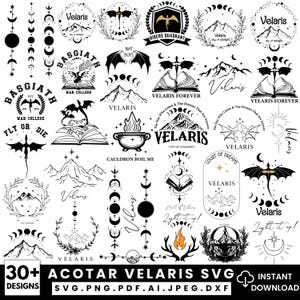 Può includere: Una collezione di disegni digitali in bianco e nero con draghi, montagne, lune e testo. I disegni includono frasi come "Velaris", "Fly or Die" e "Court of Dreams". L'immagine include anche il testo "30+ ACOTAR VELARIS SVG DESIGNS."