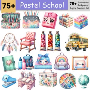 以下が含まれることがあります： パステルカラーの学校をテーマにしたデジタルイラストのコレクション。スクールバス、机、バックパック、鉛筆、本、その他の文房具アイテムが含まれています。イラストは、柔らかい色とキュートなデザインに焦点を当てた、気まぐれで漫画的なスタイルです。