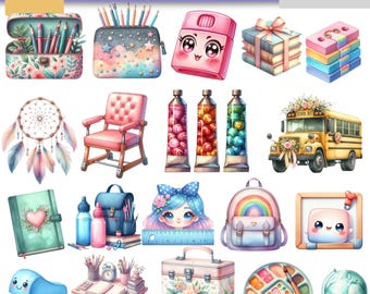 Conjunto de imágenes prediseñadas de regreso a clases en tonos pastel: Decoración para el aula del maestro (archivos PNG, uso comercial)