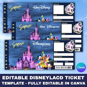 Editable Disneyland Ticket, Disneyworld Ticket, Surprise Ticket Gift, Editable Ticket, Theme Park Ticket, Birthday Surprise,Instant Download