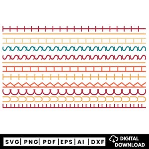 May include: A digital design featuring various stitch patterns in shades of red, orange, teal, and yellow. The image includes straight lines, zigzags, and curved designs, with the words "SVG PNG PDF EPS AI DXF" and "DIGITAL DOWNLOAD" at the bottom.