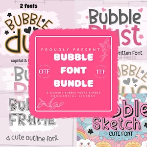 Könnte beinhalten: Ein rosa Grafik, die ein Bubble-Font-Bundle bewirbt. Der zentrale Text lautet "BUBBLE FONT BUNDLE" mit "6 ELEGANT BUBBLE FONTS BUNDLE COMMERCIAL LICENSE" darunter. Verschiedene Schriftbeispiele sind dargestellt.