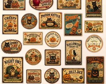 Halloween Labels PNG Bundle, Vintage Halloween Labels, Printable Candy Labels, Halloween Stickers, Packaging Labels, Halloween Sublimation