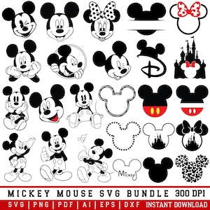 Könnte beinhalten: Eine Sammlung von schwarzen und weißen Mickey Mouse SVG-Designs. Das Bundle enthält verschiedene Bilder von Mickey Mouse in verschiedenen Posen, zusammen mit Minnie Mouse, Mickey Mouse Silhouetten und Schlossdesigns. Der Text unten lautet "MICKEY MOUSE SVG BUNDLE 300 DPI".