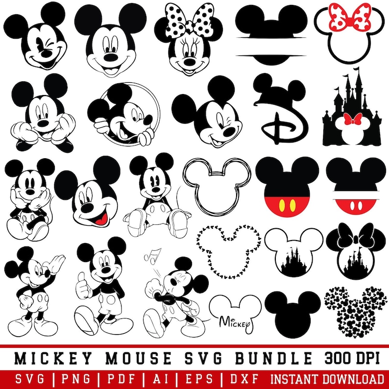 Puede incluir: Una colecci&oacute;n de dise&ntilde;os SVG de Mickey Mouse en blanco y negro. El paquete incluye varias im&aacute;genes de Mickey Mouse en diferentes poses, junto con Minnie Mouse, siluetas de Mickey Mouse y dise&ntilde;os de castillos. El texto en la parte inferior dice "MICKEY MOUSE SVG BUNDLE 300 DPI".