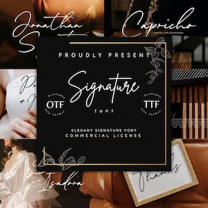 Puede incluir: Un diseño gráfico cuadrado negro con el texto "Signature font" en una elegante escritura blanca. También son visibles las palabras "Proudly Present" y "Elegant Signature Font Commercial License". La imagen incluye el texto "OTF file format" y "TTF file format".