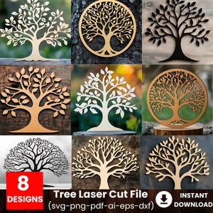 May include: A collection of eight tree designs for laser cutting, displayed in various styles and colors. The designs include detailed tree silhouettes, some within circular frames. The image includes the text "8 DESIGNS" and "Tree Laser Cut File".