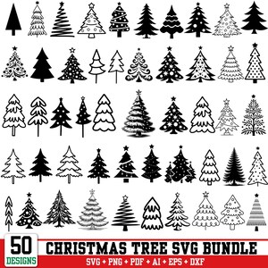 Könnte beinhalten: Eine Sammlung von 50 Weihnachtsbaum-Designs in Schwarz und Weiß. Die Bäume variieren im Stil, von einfachen Silhouetten bis hin zu detaillierten Illustrationen. Das Bild enthält den Text "50 CHRISTMAS TREE SVG BUNDLE" und Dateitypinformationen.