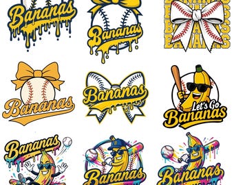 Baseball Bananas PNG Bundle Funny Yellow Mascot Sports Season PNG Retro Striped Vintage Lets Go Bananas Sublimation Designs Digital Download