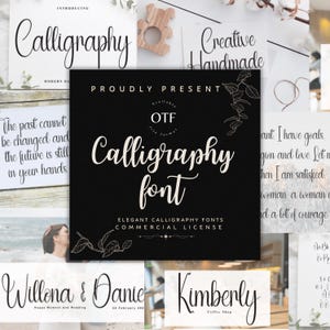 May include: A collection of cards featuring calligraphy fonts. The central card is black with white text that reads "Calligraphy font" and "Elegant Calligraphy Fonts Commercial License." Other cards display phrases like "Creative Handmade" and "The past cannot be changed."