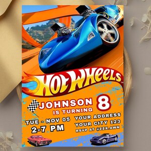 Plantilla editable de invitación de cumpleaños de Hot Cars, descarga digital para fiesta de carreras de Hot Cars para niños, invitación infantil de carreras de autos.