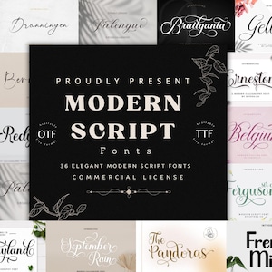 May include: A promotional image for modern script fonts. The central black square features the text "PROUDLY PRESENT MODERN SCRIPT FONTS" in white. The image also includes various font samples and the text "36 ELEGANT MODERN SCRIPT FONTS COMMERCIAL LICENSE."
