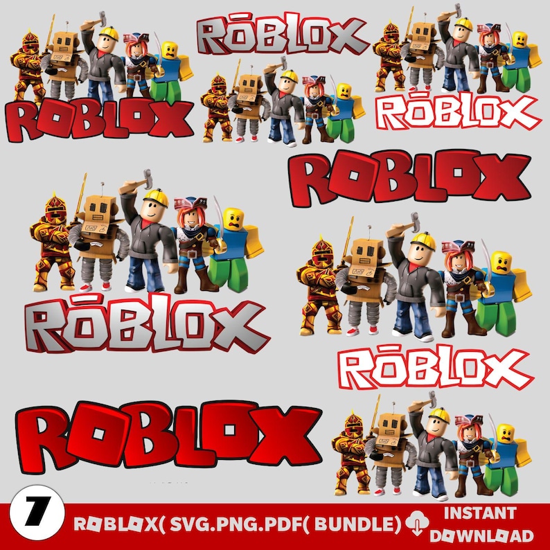 Peut inclure: Un graphisme num&eacute;rique avec plusieurs personnages Roblox et le logo Roblox en rouge. Les personnages sont dans diverses poses, certains tenant des outils. Le texte "ROBLOX" est r&eacute;p&eacute;t&eacute; dans toute la conception. Le bas de l'image comprend le texte "ROBLOX (SVG.PNG.PDF (BUNDLE)" et "T&Eacute;L&Eacute;CHARGEMENT INSTANTAN&Eacute;".