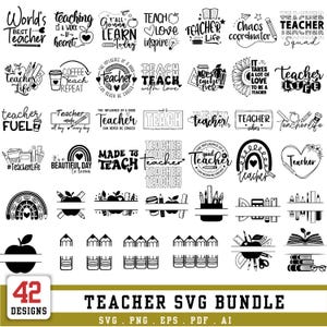 Pode incluir: Uma coleção de 42 designs digitais em preto e branco com tipografia temática de professores, maçãs, lápis, livros e arco-íris. Os gráficos incluem frases como World's Best Teacher, Teacher Life e Chaos Coordinator para projetos de artesanato.