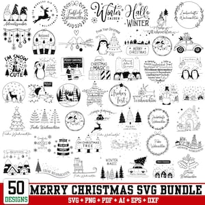 Può includere: Una collezione di 50 design SVG Merry Christmas in bianco e nero. Il pacchetto include varie illustrazioni festive come alberi di Natale, renne, pupazzi di neve e frasi di festa. Formati: SVG, PNG, PDF, AI, EPS e DXF.