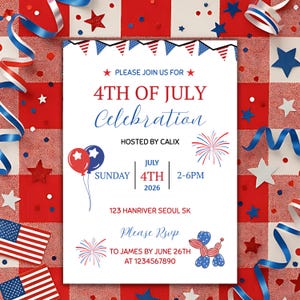 4th of July Party Invitation, Independence Day Celebration, Fireworks, American Flag Invite, Red, White, Blue, Patriotic Invite, USA Holiday