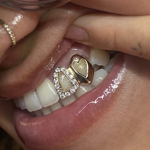 Iced Out Open Face Window + Heart Cap In Dental Gold & Sterling Silver Custom Made Grillz Any Teeth FREE Mould Kit!