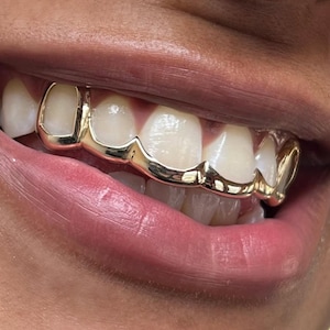 Window Open Face Curved Bridge 6 Set Caps In Dental Gold & Sterling Silver Custom Made Grillz Any Teeth FREE Shipping!