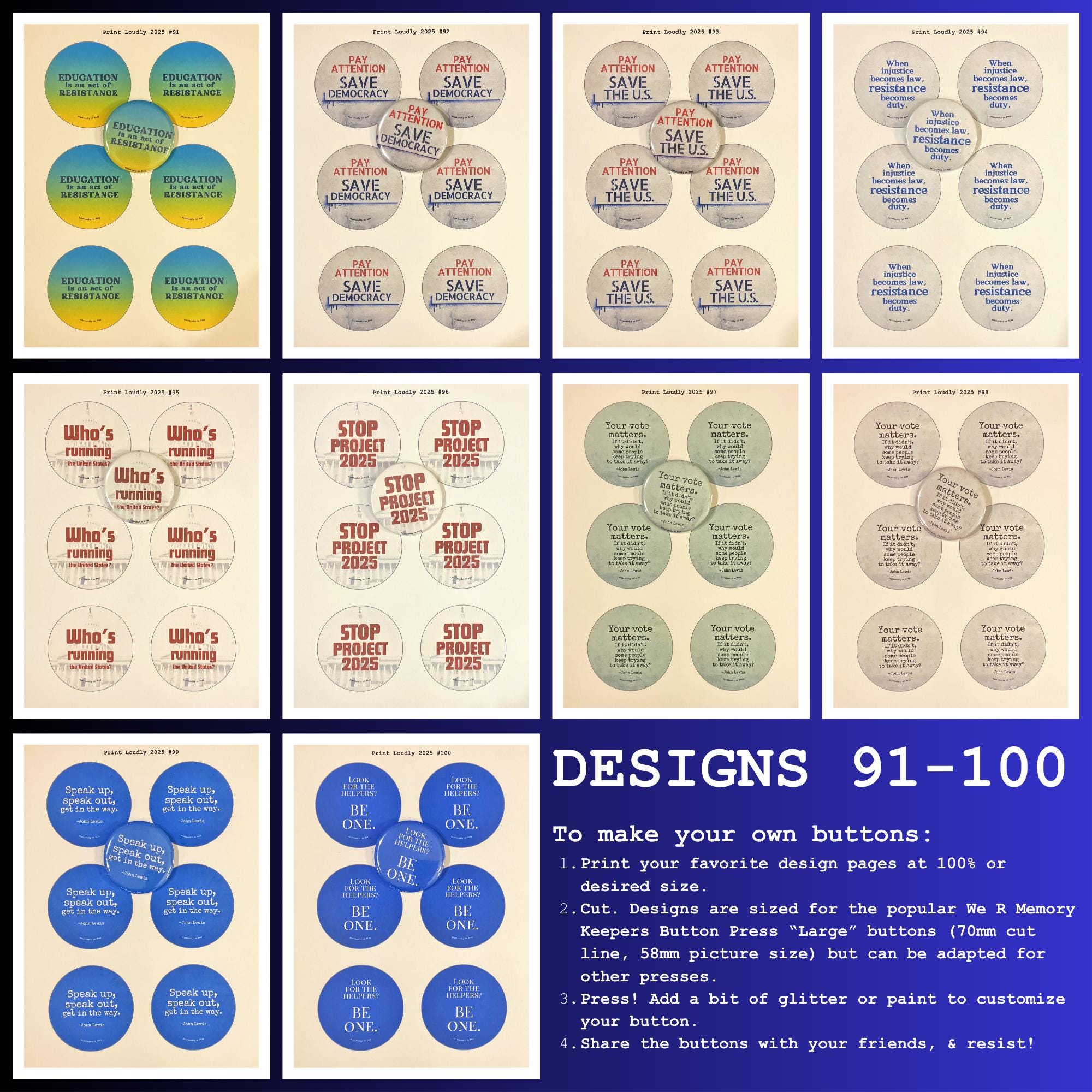 Protest Button Examples 50 More Designs. Press Buttons, Resist Fascism! 2025 PROTEST PACKS 6-10 ...