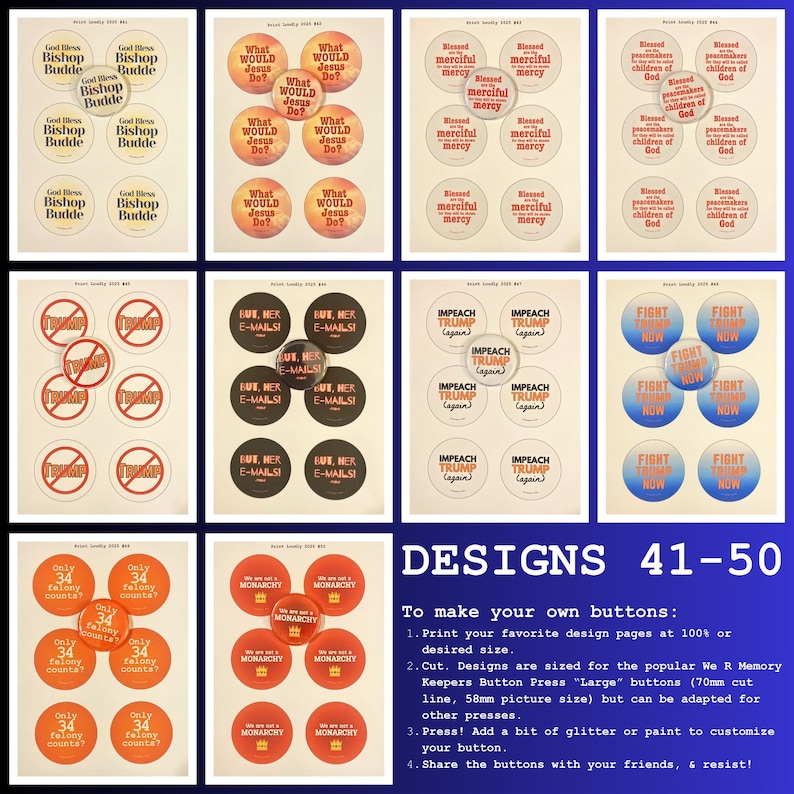 Protest Button Examples 50 Designs! Press Buttons, Resist Fascism! 2025 PROTEST PACKS 1-5: 50 ...