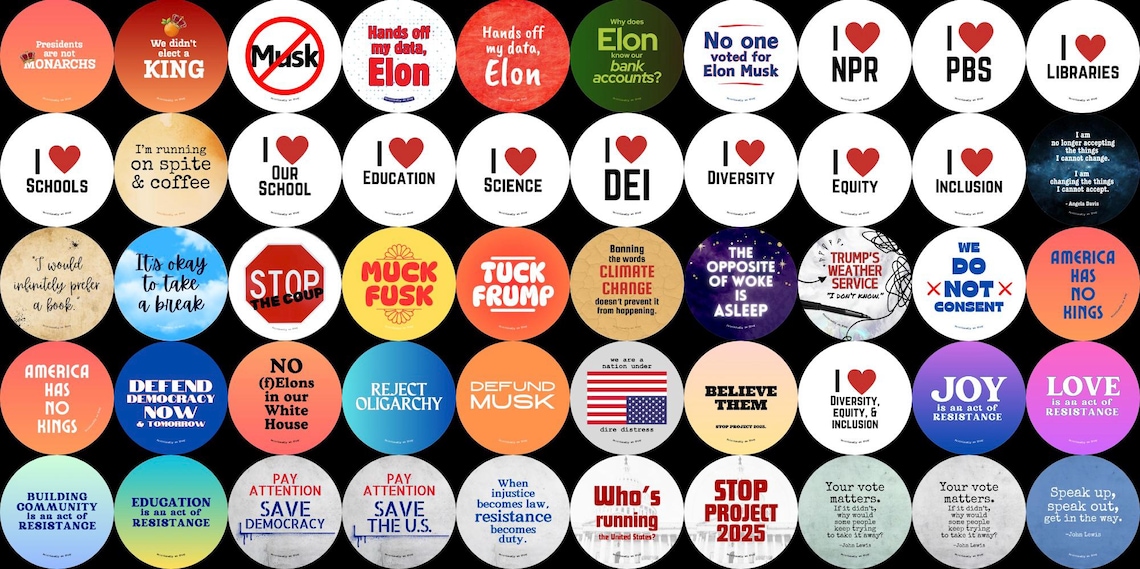 50 More Designs. Press Buttons, Resist Fascism! 2025 PROTEST PACKS 6-10 ...