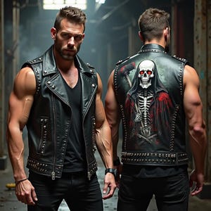 May include: Black leather vest with silver studs and a zip fastening. The back displays a skeleton graphic with a red-eyed skull holding a bloody axe. The sleeveless vest has a classic biker style, suitable for a rebellious look.
