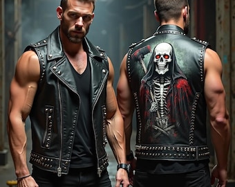 Handmade Black Leather Biker Vest: Skull Axe Back Print, Silver Studs