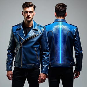 May include: A blue leather motorcycle jacket with a textured crocodile pattern on the shoulders and back. The jacket features a zipper closure, multiple pockets, and a vertical neon blue light down the back. The model is wearing black pants.