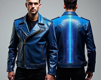 Handgefertigte Blau & Schwarz Leder Bikerjacke: Nieten Cyberpunk Moto Jacke