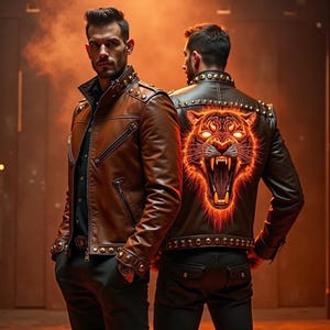 Handmade Brown Leather Jacket with Fiery Tiger Back Design | Men’s Custom Studded Biker Jacket | Bold Hand-Painted Streetwear