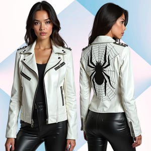 Handmade Genuine Leather White Biker Jacket | Black Spider and Web Back Design | Women’s Punk Moto Jacket | Edgy Artisan Outerwear