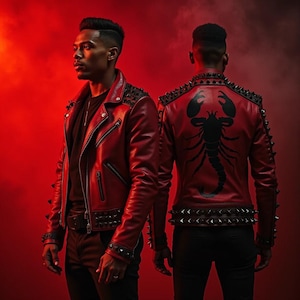 Handmade Red Leather Scorpion Jacket | Spiked Punk Rock Men’s Biker Coat | Custom Goth Streetwear | Bold Rocker Style Outerwear
